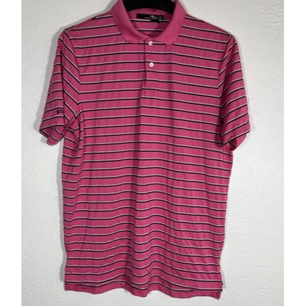 RLX Ralph Lauren Stripes Golf Polo Shirt Men Large Pink Short Sleeve